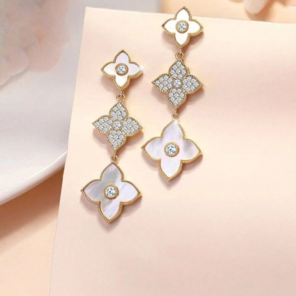Gold Boho Womens Long Leaf & Flower Earrings Embedded With Rhinestones